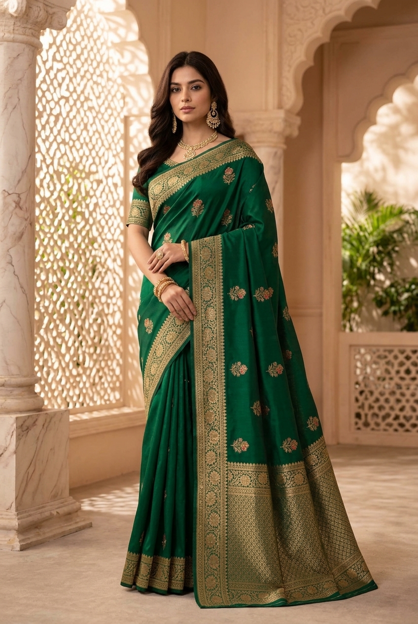 Emerald gold zari festive silk saree