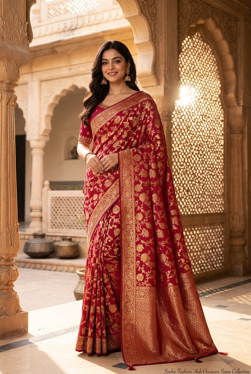 Opulent ruby celebration silk saree at Sneha Fashion Hub