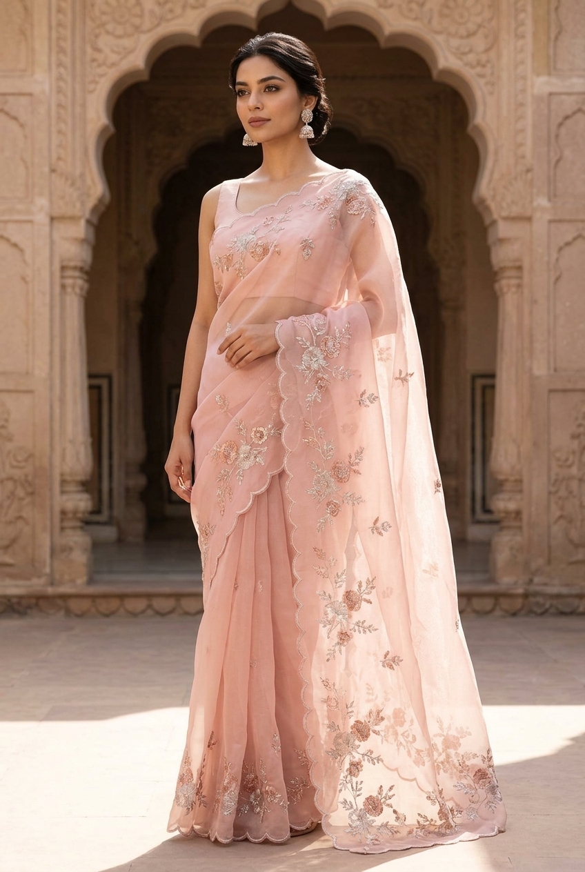 BLUSH ROSE FLORAL SCALLOPED ORGANZA SAREE