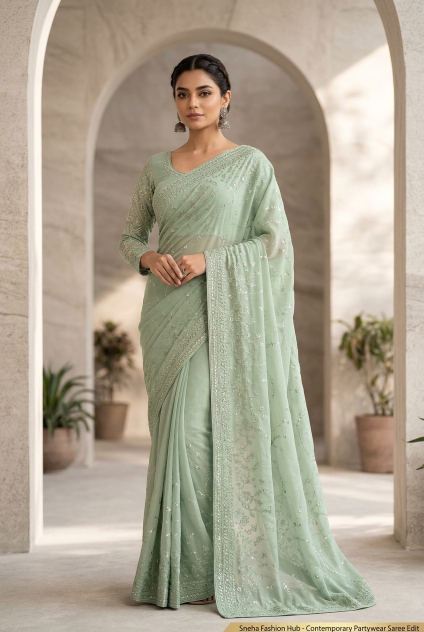 PASTEL SAGE MINT RESHAM GEORGETTE SAREE