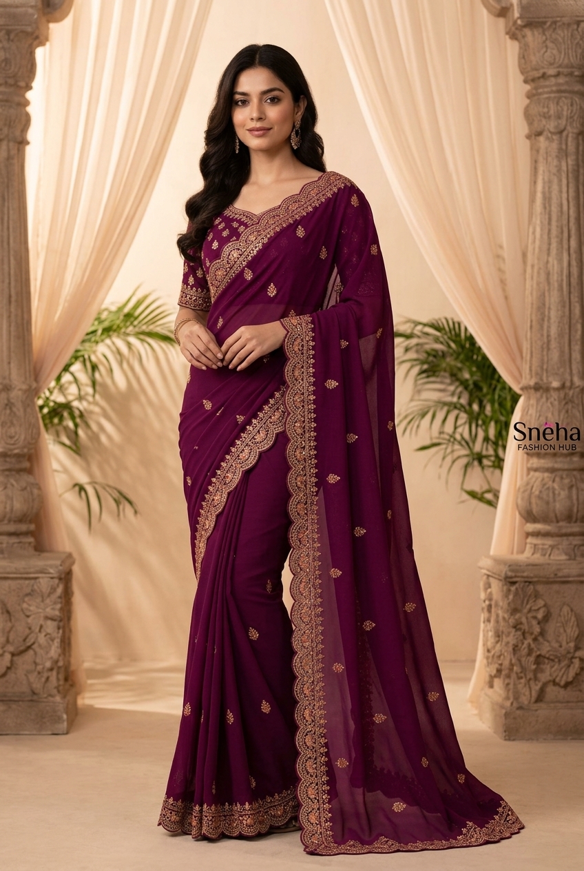 PLUM MAGENTA SCALLOPED ZARI SAREE