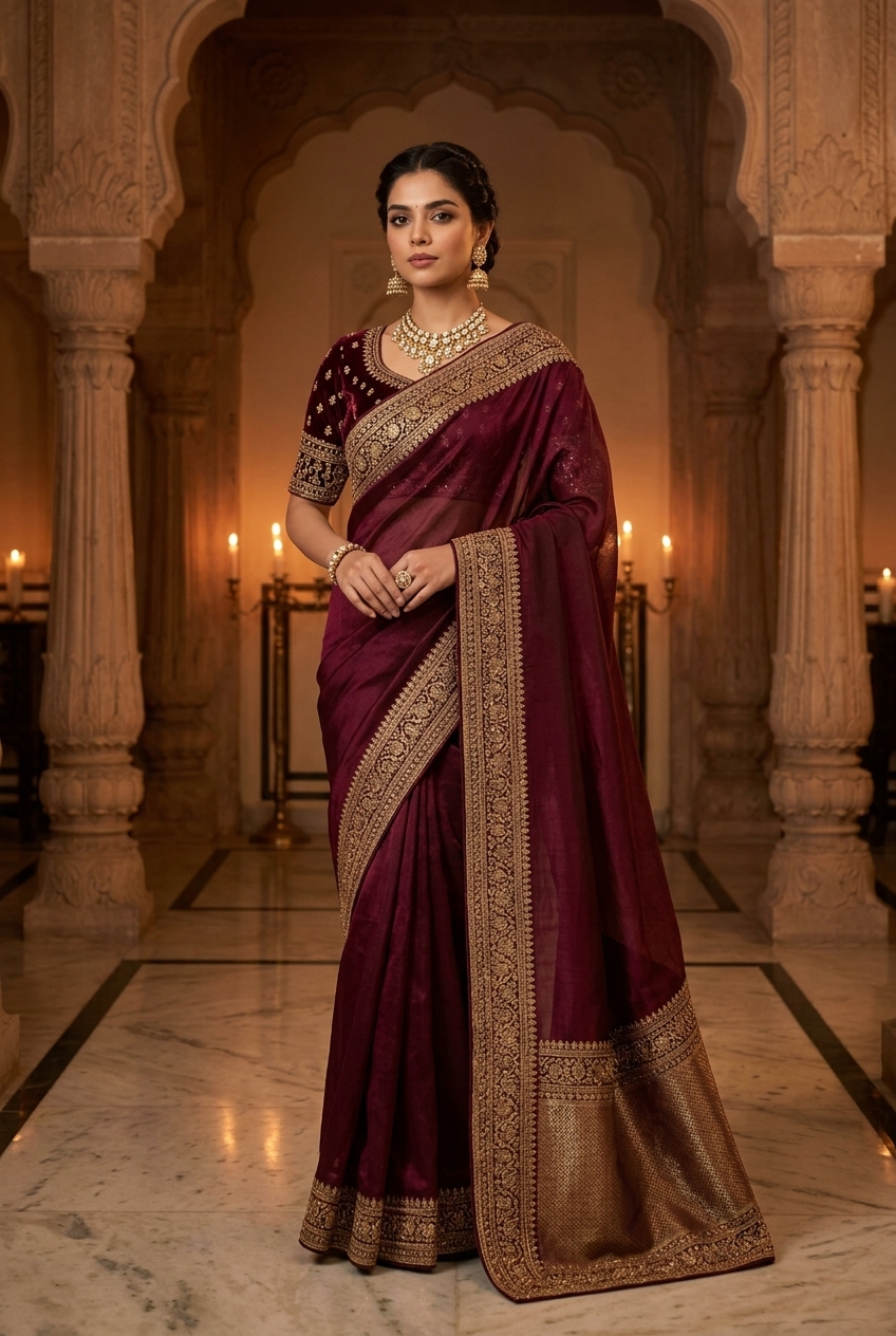 ROYAL WINE TISSUE SILK ZARDOZI SAREE